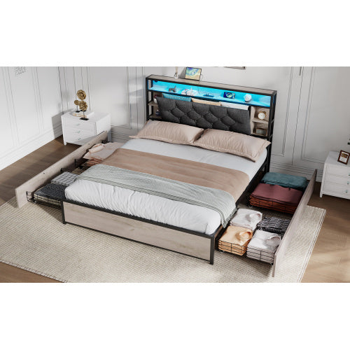 UK Local 4ft6 Double Bed With 4 Storage Drawers, Bed Frame With Concealed Headboard Storage, Button Tufted Headboard With LED Lighting And Charging Station, Vintage Rustic Wooden, Linen, Grey