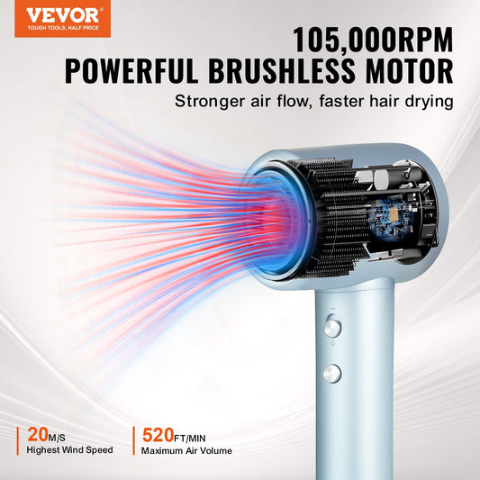 US Local VEVOR High-Speed Hair Dryer With 105,000RPM Brushless Motor, 200 Million Negative Ions Hair Blow Dryer, 4 Temps & 3 Speeds, LCD Display Thermo-Control Hairdryer With Diffuser & Nozzle For Home Travel