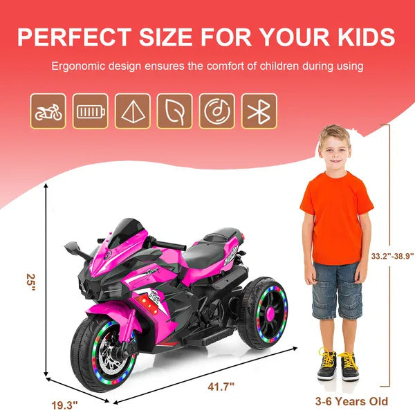 US Local Kids Powered Ride-ons Toy, Kids Motorcycle For 3-6 Years, 12V Electric Ride On Motorcycle With Light Wheel & Bluetooth Music-Pink