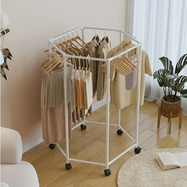 US Local Space-Saving Hexagonal Clothes Drying Rack - Sturdy Metal Floor Standing Coat Rack With Multiple Rods, Suitable For Bedroom, Dormitory, And Balcony, Holds Multiple Garments, Dorm Room Furniture