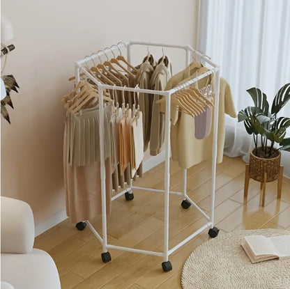 US Local Space-Saving Hexagonal Clothes Drying Rack - Sturdy Metal Floor Standing Coat Rack With Multiple Rods, Suitable For Bedroom, Dormitory, And Balcony, Holds Multiple Garments, Dorm Room Furniture