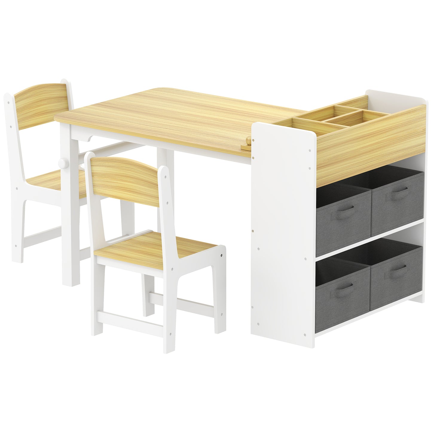 US Local Desk And Chair Set With Paper Roll, Kids Activity Craft Table With Storage Shelves And Drawers, Natural Wood