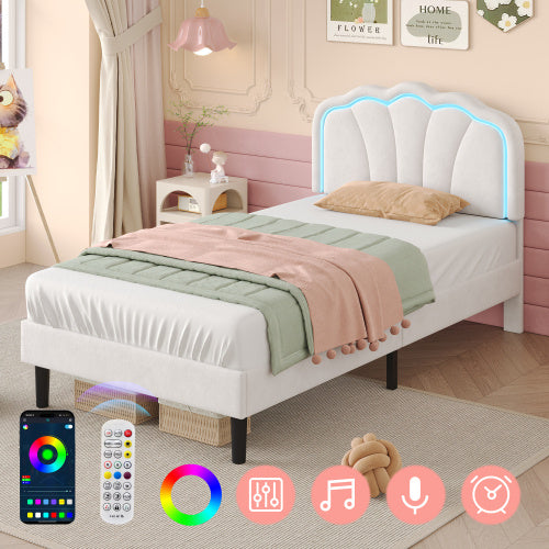 UK Local 3ft Single Upholstered Bed With LED Adjustable Shell Shape Headboard, Soft Velvet Bed Frame With Solid Wood Slat, No Box Spring Needed, Easy Assembly, Cream White No Mattress