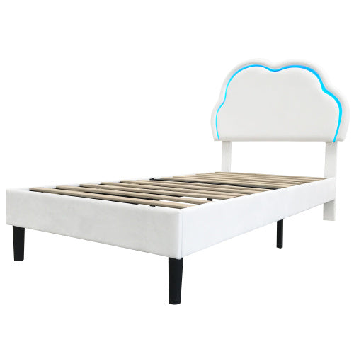 UK Local 3ft Single Upholstered Bed With LED Adjustable Cute Cloud Headboard, Soft Velvet Bed Frame With Solid Wood Slat, No Box Spring Needed, Easy Assembly, Cream White No Mattress