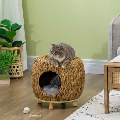 UK Local PawHut Wicker Cat Bed Cat House Stool With Washable Cushion, 44 X 43 X 41cm