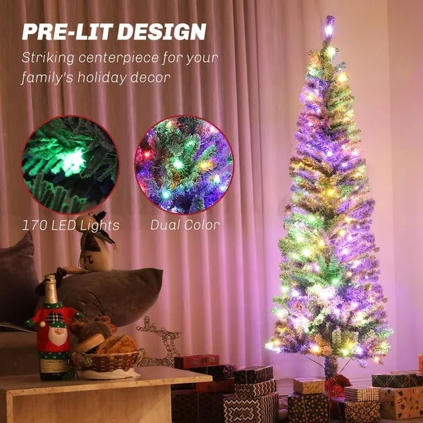 CA Local 6 ft Prelit Pencil Artificial Christmas Tree, Flocked Xmas Tree With Remote, Dual Colour LEDs, 429 Tips, Metal Stand
