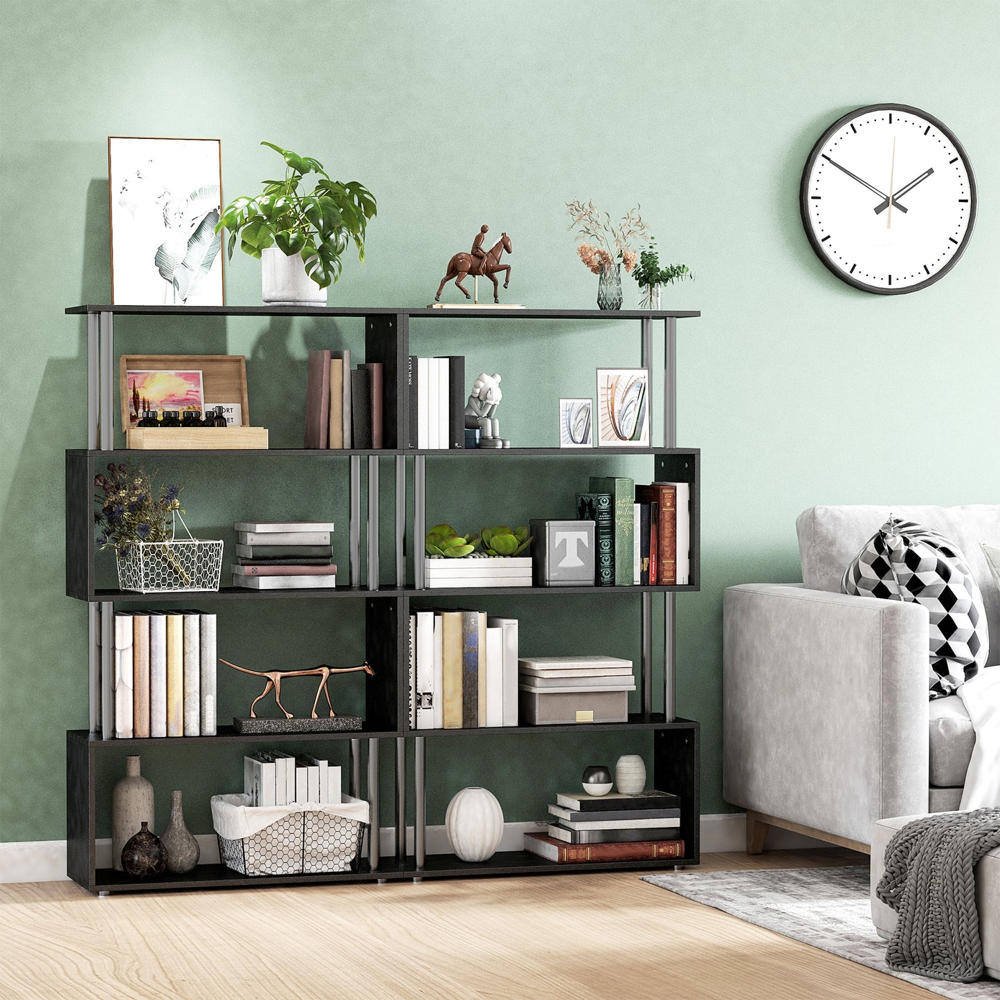 US Local 5-Tier Bookcase S-Shaped Wooden Storage Shelf Modern Decorative For Home And Office Black