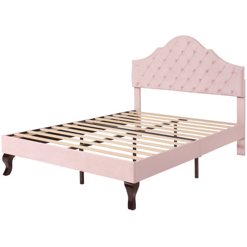 UK Local Upholstered Bed With Slatted Frame And Headboard, 4ft6 Double Bed,135x190,Upholstered Bed With Height-adjustable Headboard, Youth Bed, Wooden Slat Support, Easy Assembly, Velvet, Beige