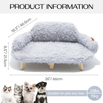 MEWOOFUN Elevated Cat Bed With Washable Cover - 26x18.3x8.5 Inch Wooden Pet Sofa For Cats & Small Medium Dogs Grey, Modern Design
