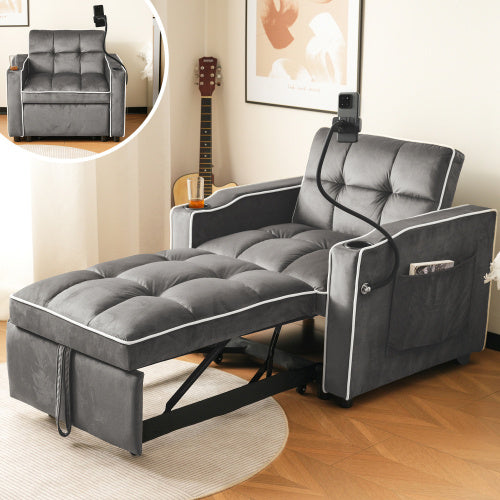 UK Local 3-in-1 Expandable Single Sofa Bed  With Drink Holders And Phone Holder, Sofa Recliner, Sleeper Chair, Armchair, Perfect For Small Spaces, 83x167x76 Cm