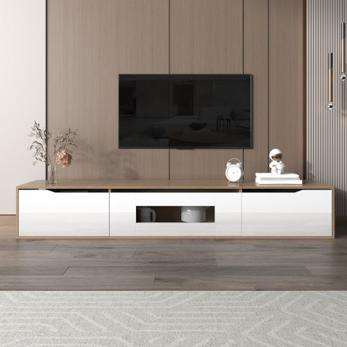 UK Local TV Cabinet, High Gloss TV Cabinet, Color Matching High-glosswhite And Wood Color, With Color Changing LED Light.