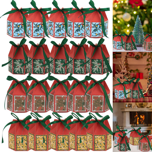 US Local 20PCS Christmas Treat Boxes With Ribbons Paper Christmas Tree Bells Pattern Goodie Box Retro Candy Bakery Box For Christmas Party Favors Wrapping Supplies