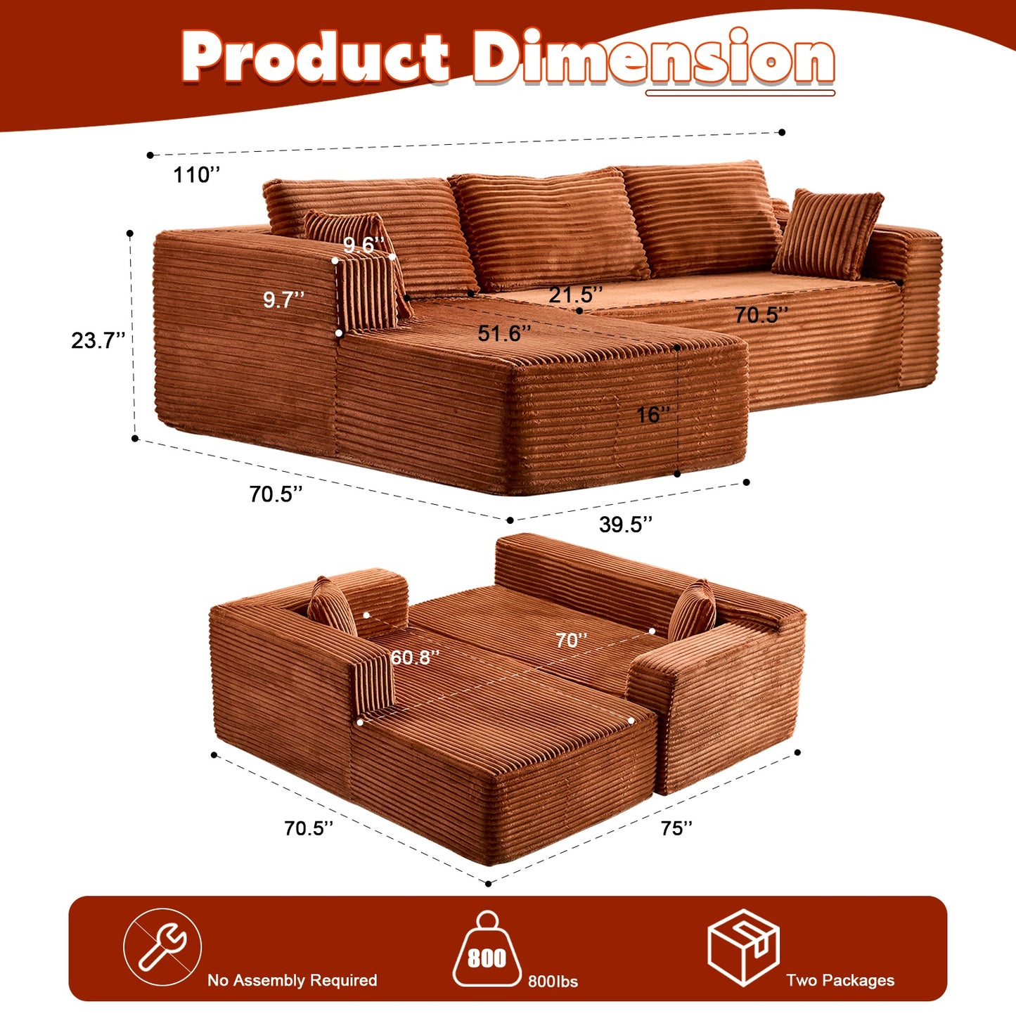 US Local Compression Sectional Couch With Comfy Chaise, Boneless L Shape Sofa With Deep Seat, Minimalist Modular Couches Sleeper For Living Room Bedroom Apartment Lounge,Corduroy,Brown