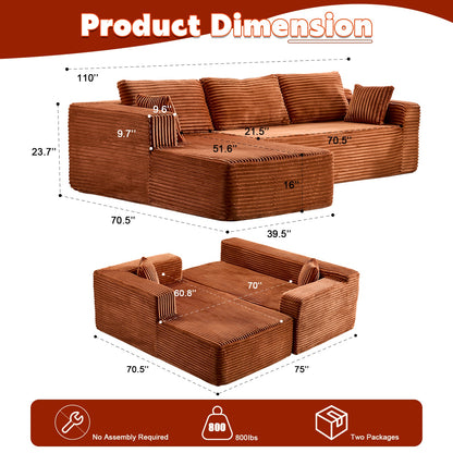 US Local Compression Sectional Couch With Comfy Chaise, Boneless L Shape Sofa With Deep Seat, Minimalist Modular Couches Sleeper For Living Room Bedroom Apartment Lounge,Corduroy,Brown