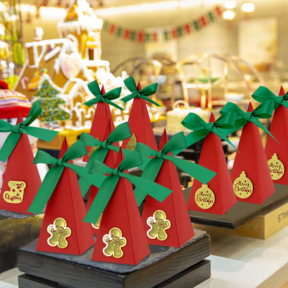 US Local 20 Packs Christmas Treat Boxes Goody Boxes Pre-Assembled Triangle Christmas Packing Box Christmas Tree Socks Gold Card Xtmas Cookie Gift Box For Christmas Birthday Wedding Party