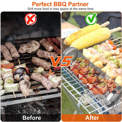 US Local 2Pcs 3.42x11.61Inch Portable BBQ Rolling Basket Round Stainless Steel Grill Mesh Barbecue Net Tube With Removable Cover Outdoor Camping