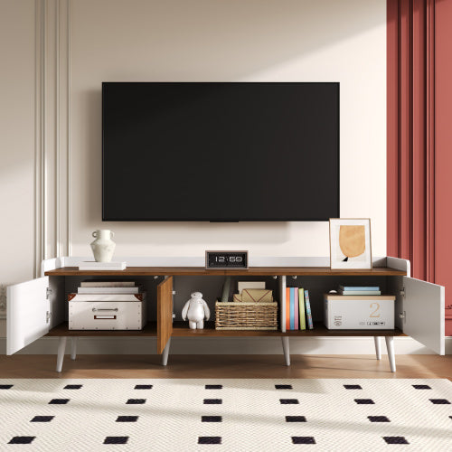 UK Local TV Cabinet, TV Table, TV Stand, Three-Door Base Cabinet. Compact Design. Black And Natural Wood Finish. Height 49.5 Cm  Length 160 Cm  Width 39 Cm