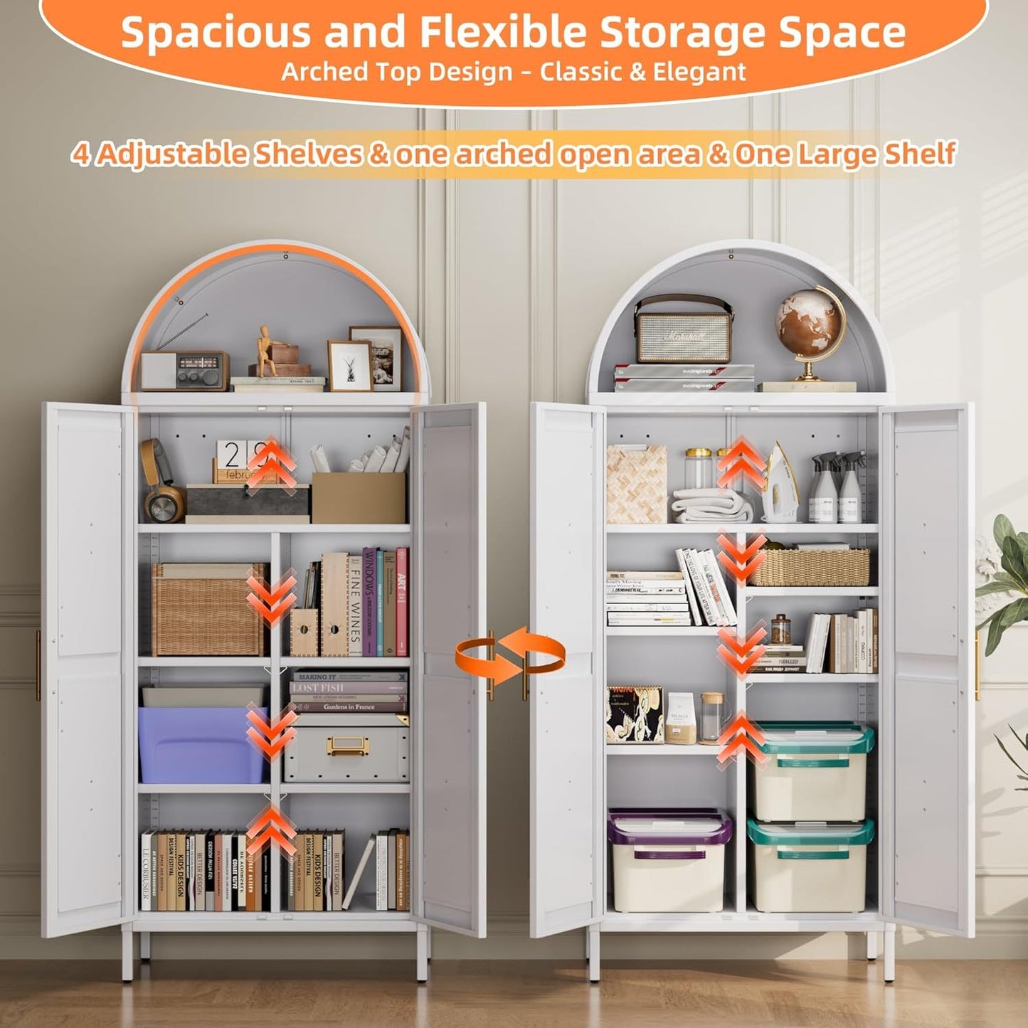 US Local White Kitchen Pantry Cabinet, Arched Storage Cabinet With Doors And Adjustable Shelves, Tall Freestanding Cupboard For Laundry, Dining Room, Living Room, Bathroom