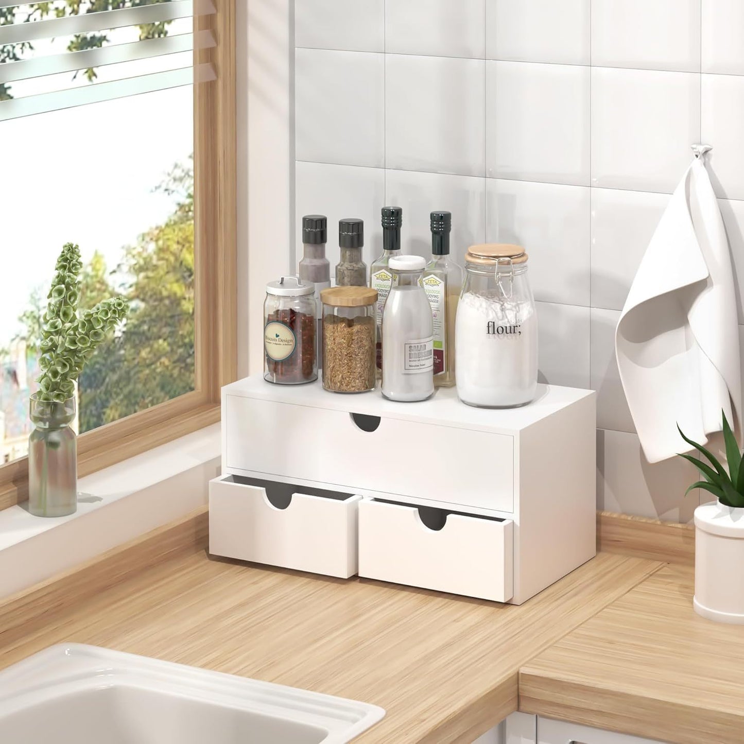 US Local White Bamboo Desk Drawer Organizer For Home Office And Kitchen Supplies No Assembly Desktop Storage Box