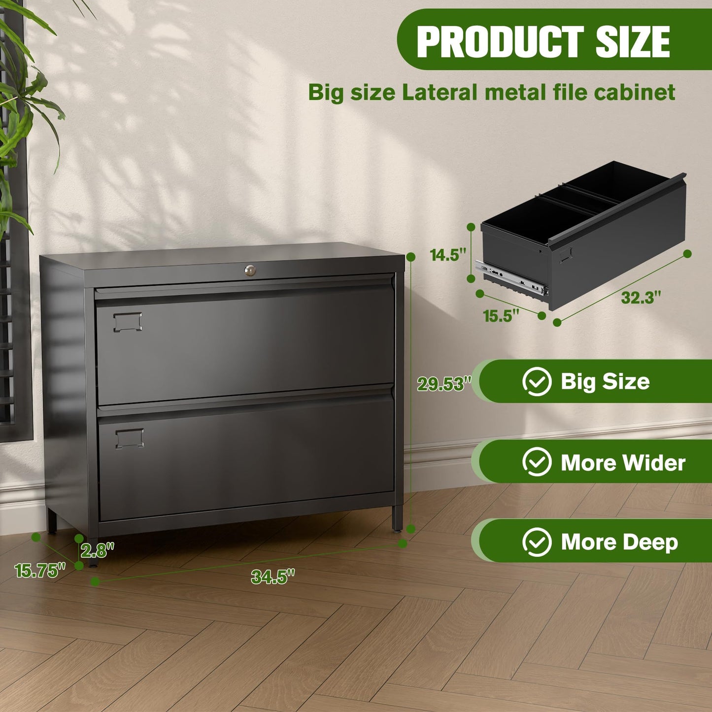 US Local Lateral File Cabinet With 2 Drawer,Metal Wide Filing Cabinet With Lock And Business Card Slot For Home Office School Hanging Letter,Legal,F4,A4 Size Folders,Required Assembly,Black