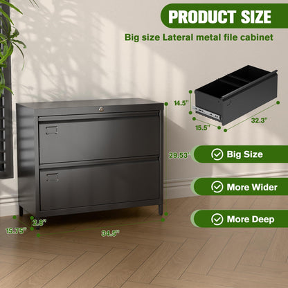 US Local Lateral File Cabinet With 2 Drawer,Metal Wide Filing Cabinet With Lock And Business Card Slot For Home Office School Hanging Letter,Legal,F4,A4 Size Folders,Required Assembly,Black