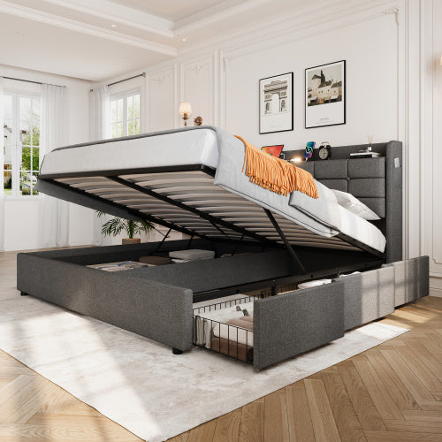 UK Local 5ft King Bed Frame With Hydraulic Storage, Linen Upholstered Bed With Concealed Headboard Storage And Drawers, Button Tufted Headboard With Charging Station And LED Night Light, Grey