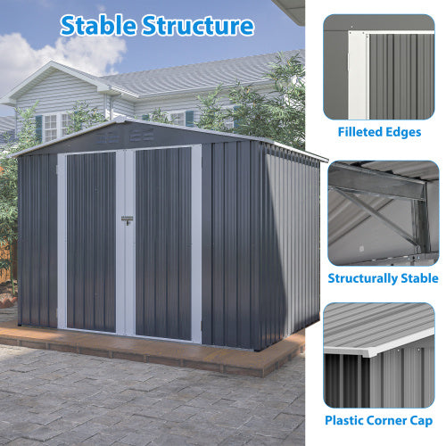 8 X 6 FT Outdoor Waterproof Garden Tool Storage Sheds With Metal Foundation With Floor Frame, Tool Shed With Lockable Hinged Doors & Air Vents, Storage House Waterproof For Backyard, Lawn, Gray
