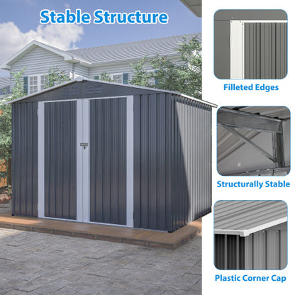 US Local 8x6 FT Outdoor Waterproof Garden Tool Storage Sheds With Metal Foundation With Floor Frame, Tool Shed With Lockable Hinged Doors & Air Vents, Storage House Waterproof For Backyard, Lawn, Gray