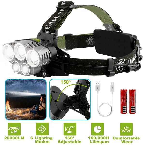 US Local Rechargeable Headlamp 20000 Lumen LED Headlight 6 Modes Headlamp
