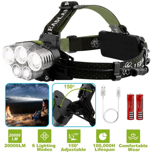US Local Rechargeable Headlamp 20000 Lumen LED Headlight 6 Modes Headlamp