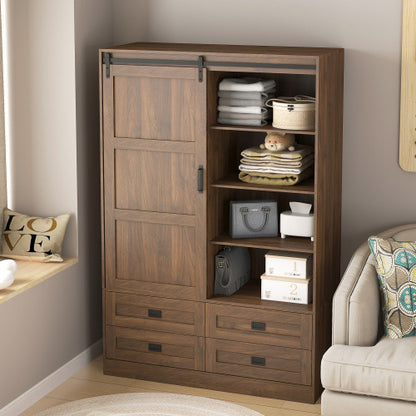 US Local Tall Bedroom Armoire Wardrobe Closet Clothing Storage Cabinet With Hanging Rod Barn Door Drawers Open Shelves