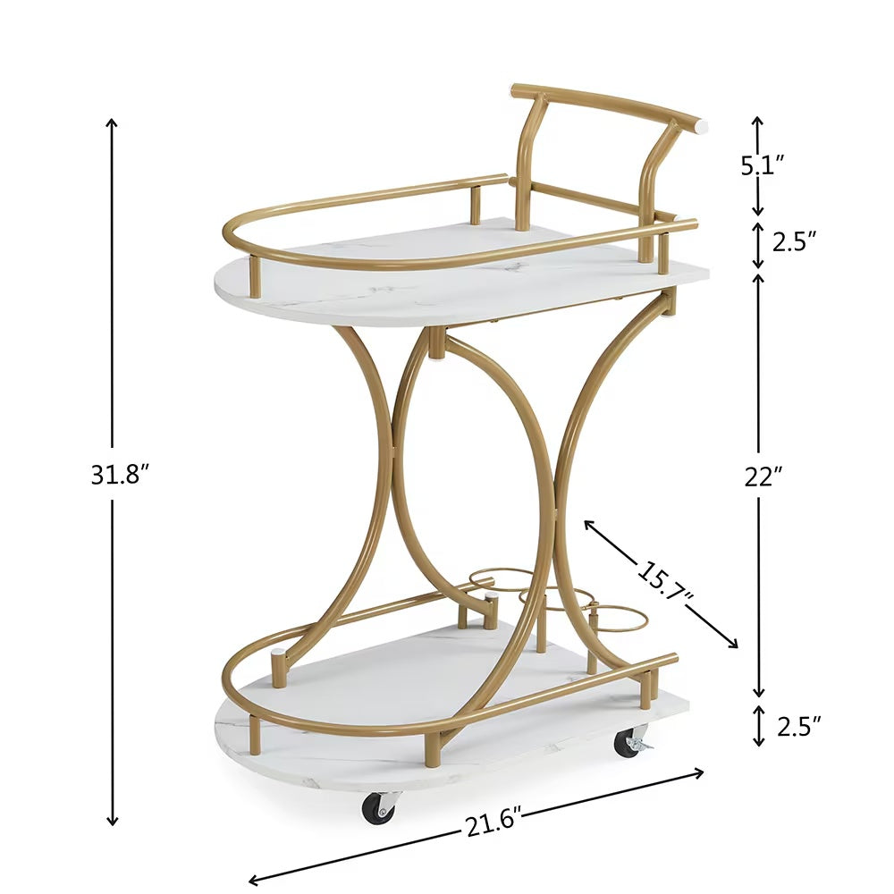US Local 2-Tier Bar Cart,Gold Wine Cart With Wine Rack & Glass Holder,Mobile Bar Serving Cart,for Party,Home,Rolling Drink Trolley For Living Room