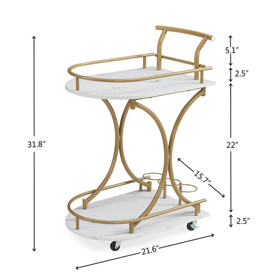 US Local 2-Tier Bar Cart,Gold Wine Cart With Wine Rack & Glass Holder,Mobile Bar Serving Cart,for Party,Home,Rolling Drink Trolley For Living Room