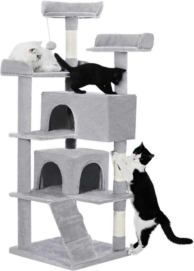 US Local Made4Pets 56-inch Pet Cat Tree For Indoor Cats Multi-Level Cat Tree With 2 Apartments Cat Activity Center With Scratching Posts And Toys Light Gray