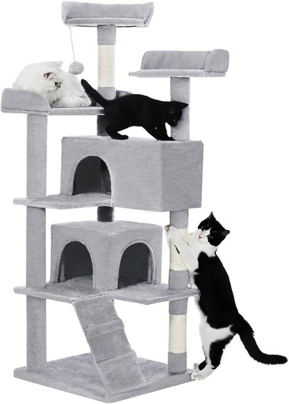 US Local Made4Pets 56-inch Pet Cat Tree For Indoor Cats Multi-Level Cat Tree With 2 Apartments Cat Activity Center With Scratching Posts And Toys Light Gray