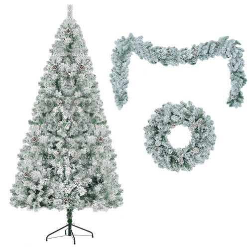 US Local 6FT Snow Flocked Christmas Tree, Pre-Lit Set With Tree & Garland & Wreath, Artificial Hinged Xmas Tree With Colorful LED Lights, 8 Lighting Modes, Pine Cones, Holiday For Home