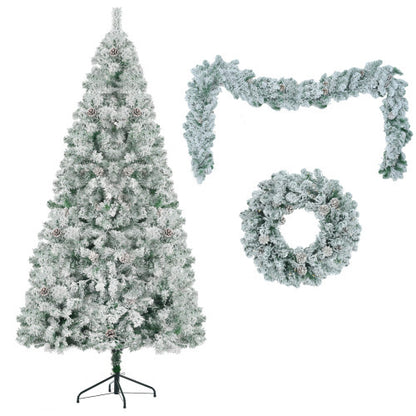 US Local 6FT Snow Flocked Christmas Tree, Pre-Lit Set With Tree & Garland & Wreath, Artificial Hinged Xmas Tree With Colorful LED Lights, 8 Lighting Modes, Pine Cones, Holiday For Home