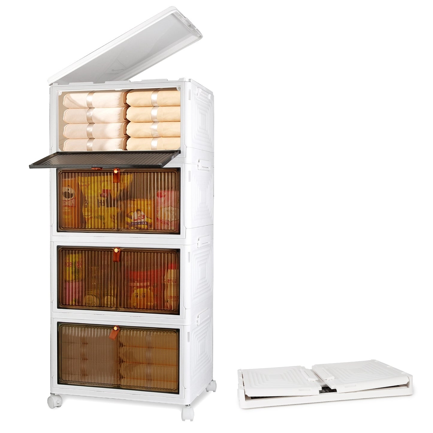 US Local 4Pc Foldable Storage Bins With Lid Front Magnetic Door Collapsible Stackable Closet Organizer Containers With 4Pcs 360 Degree Rotatable Wheels