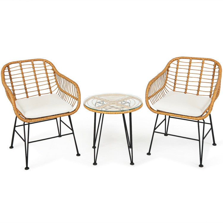 US Local 3 Pieces Rattan Furniture Set With Cushioned Chair Table