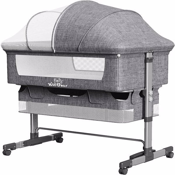 US Local 3-in-1 Bedside Crib With Mosquito Net, Large Storage Bag, Comfortable Mattress With Lockable Wheels, Grey