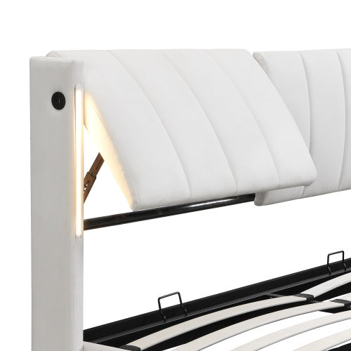 UK Local LED Upholstered Bed ,King Size Bed-5ft150x200cm, Hydraulic Bed, Rechargeable USB Port In Bed, With LED Lighting, With Storage Space, Adjustable Headboard, PU , White