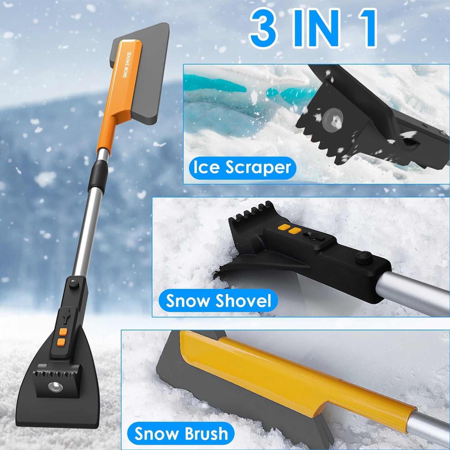 US Local 1Pc 3 In 1 Car Snow Removal Shovel With Lights Car Snow Removal Tool Telescopic Windshield Ice Scraper Snow Brush Shovel