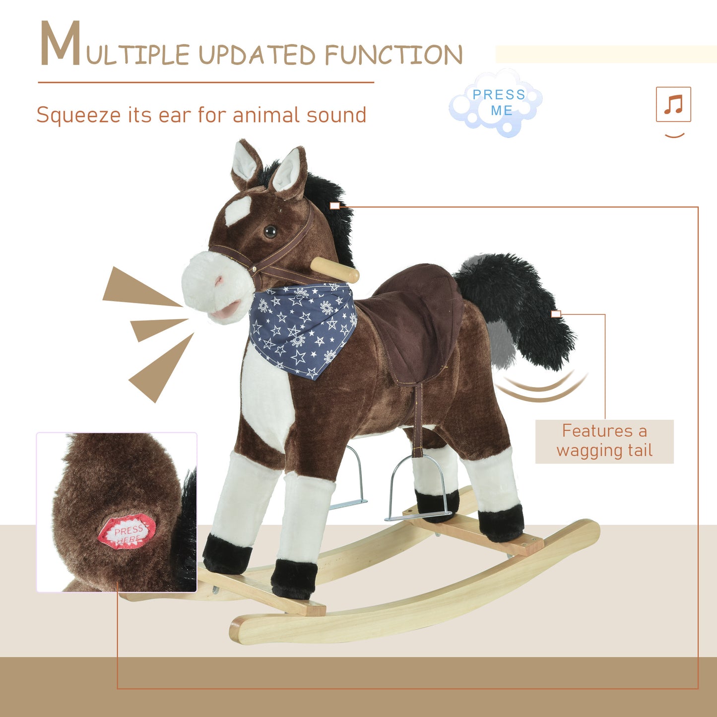 US Local Plush Cowboy Rocking Horse, Wooden Ride-On With Realistic Sounds, Wild West Fun, Brown, For 3-6 Years