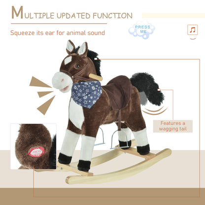 US Local Plush Cowboy Rocking Horse, Wooden Ride-On With Realistic Sounds, Wild West Fun, Brown, For 3-6 Years