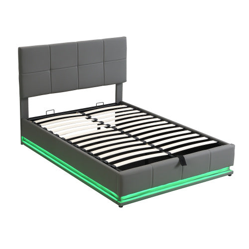 UK Local Ottoman Double Bed With LED Lighting, PU Leather Upholstered Bed With Hydraulic Storage, 4ft6 Double Bed Frame With Adjustable Square Tufted Headboard, Grey