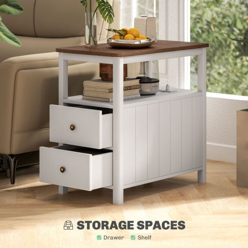 US Local HOMCOM Modern End Table With Charging Station And USB Ports, Narrow Side Table With Drawers & Shelf For Living Room, White