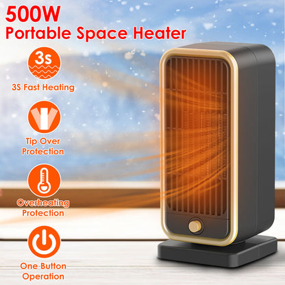 US Local 1 Pc 500W Portable Electric Heater PTC Ceramic Heating Space Heater Overheating Tip Over Protection 3S Heating Space For 322 Sq FT Home Office Use