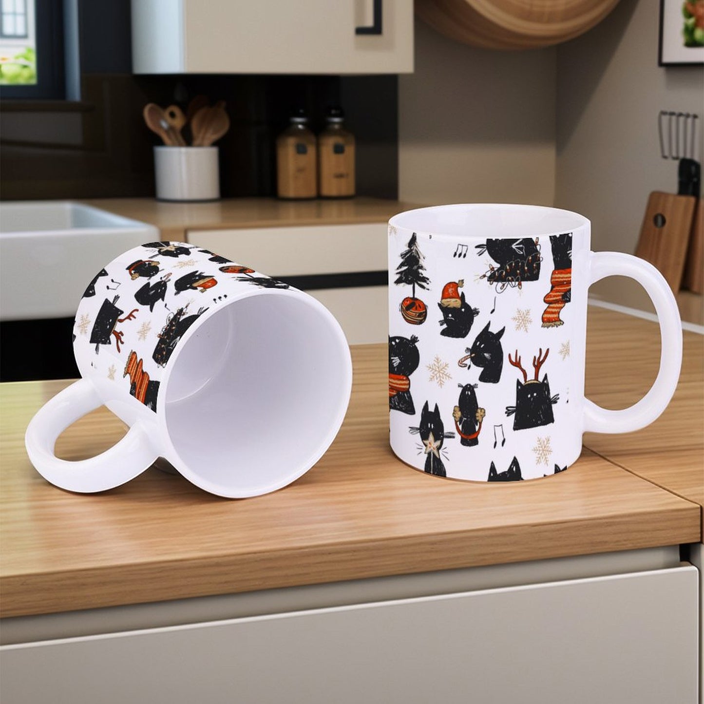 POD US Local White mug with full print, Christmas, Black Cat 0094
