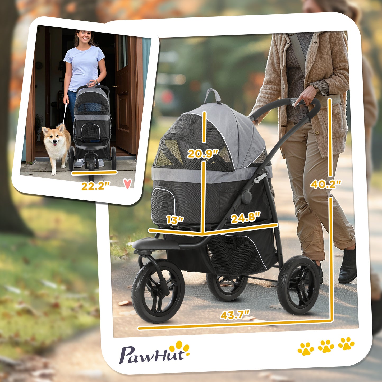 US Local 3 In 1 Pet Jogging Stroller For Small Dogs And Cats With Detachable Carrier, Storage Basket, Gray
