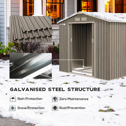 UK Local Outsunny 7 X 4ft Metal Garden Storage Shed With Vents, Floor Foundation Kit And Lockable Double Doors, Light Brown